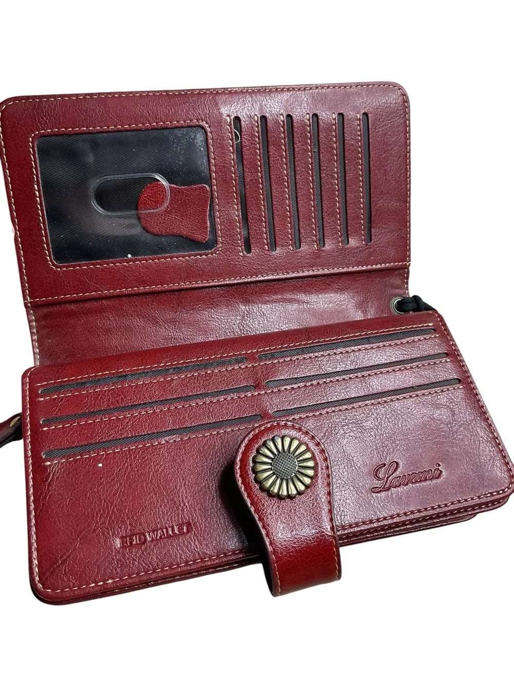 Lavemi RFID Blocking Burgundy Leather Wristlet Wallet Floral Snap Organizer Zip